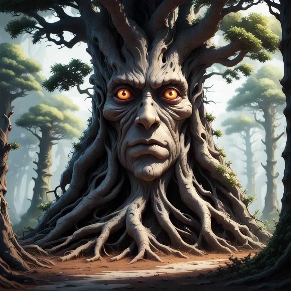 Anime Tree Sentinel in Dark Fantasy Forest
