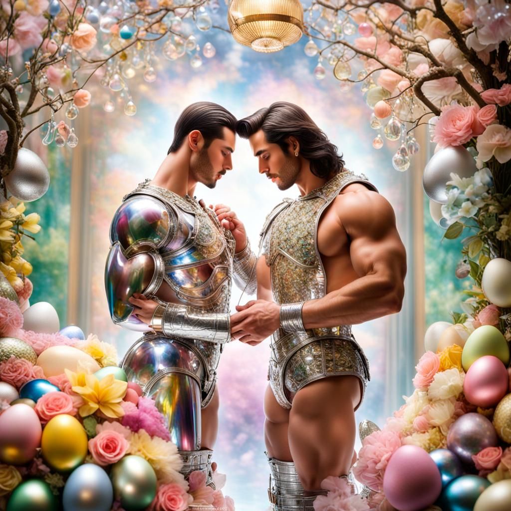 Hyperreal Kiss with Easter Eggs in Fantasy Garden