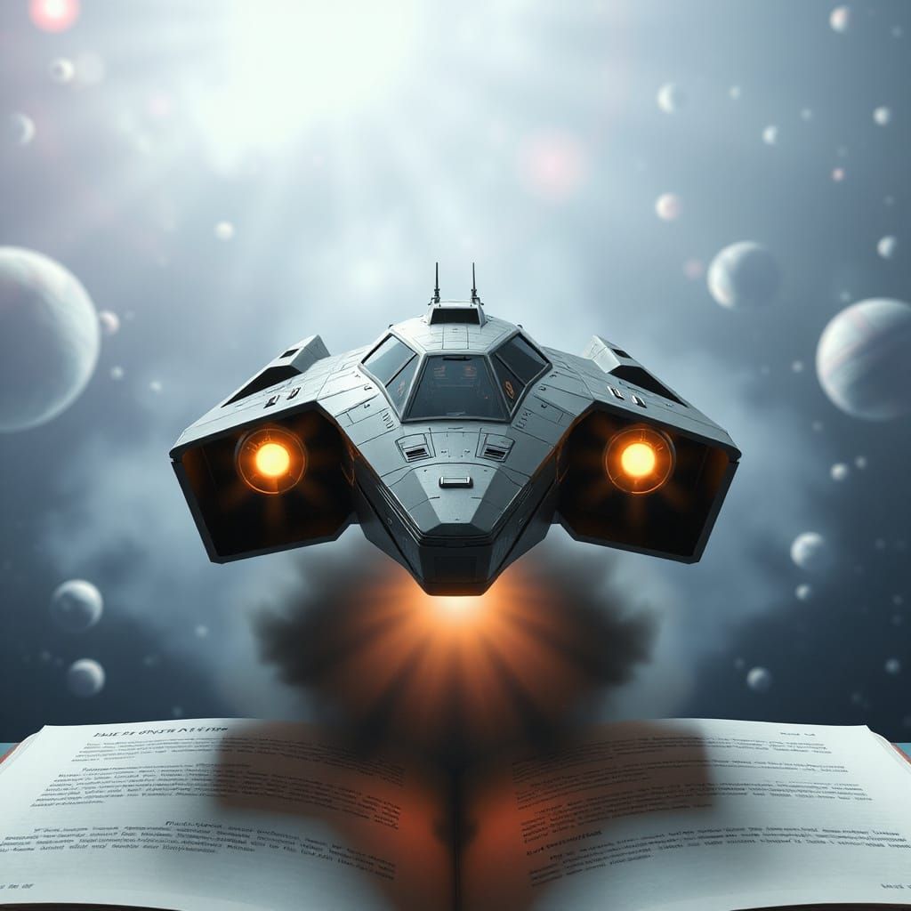 Sleek Space Battleship Emerges from Cosmic Book