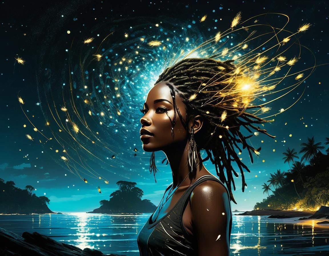 Grotesque Fireflies Surround Girl on Astral Beach