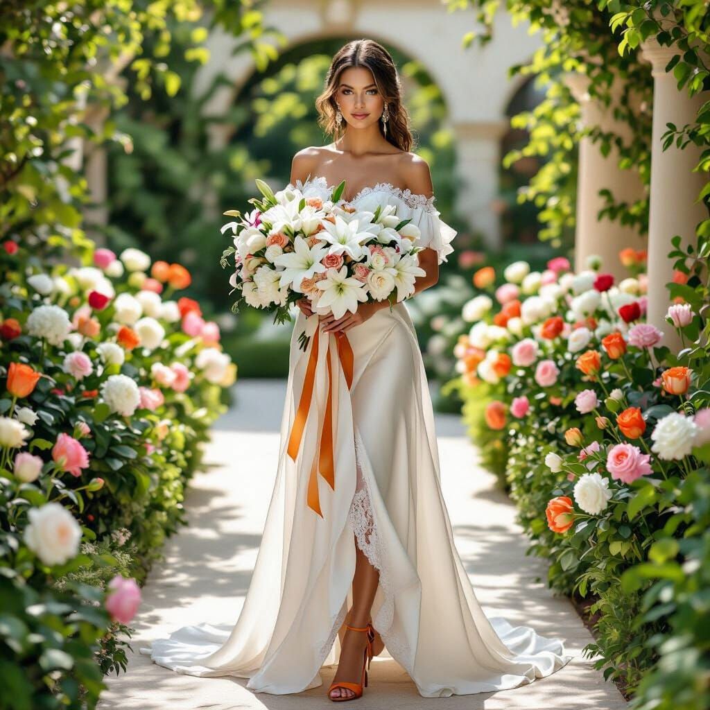 Elegant Woman in Garden with Floral Bouquet