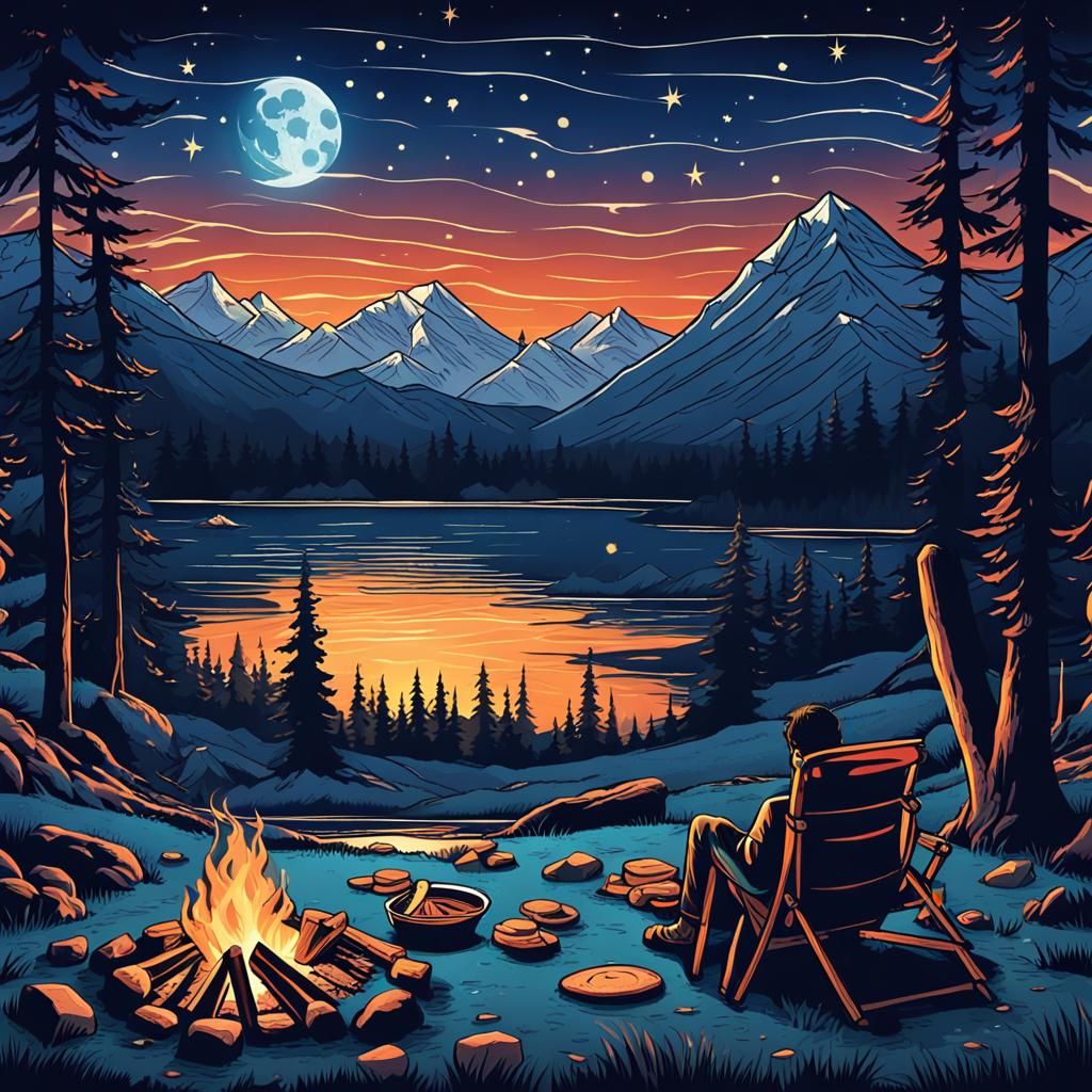 Cozy Campsite Under Starry Skies: Watercolor Painting