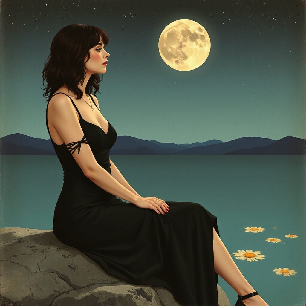 Elegant Woman by Moonlit Pond, in Art Nouveau Style