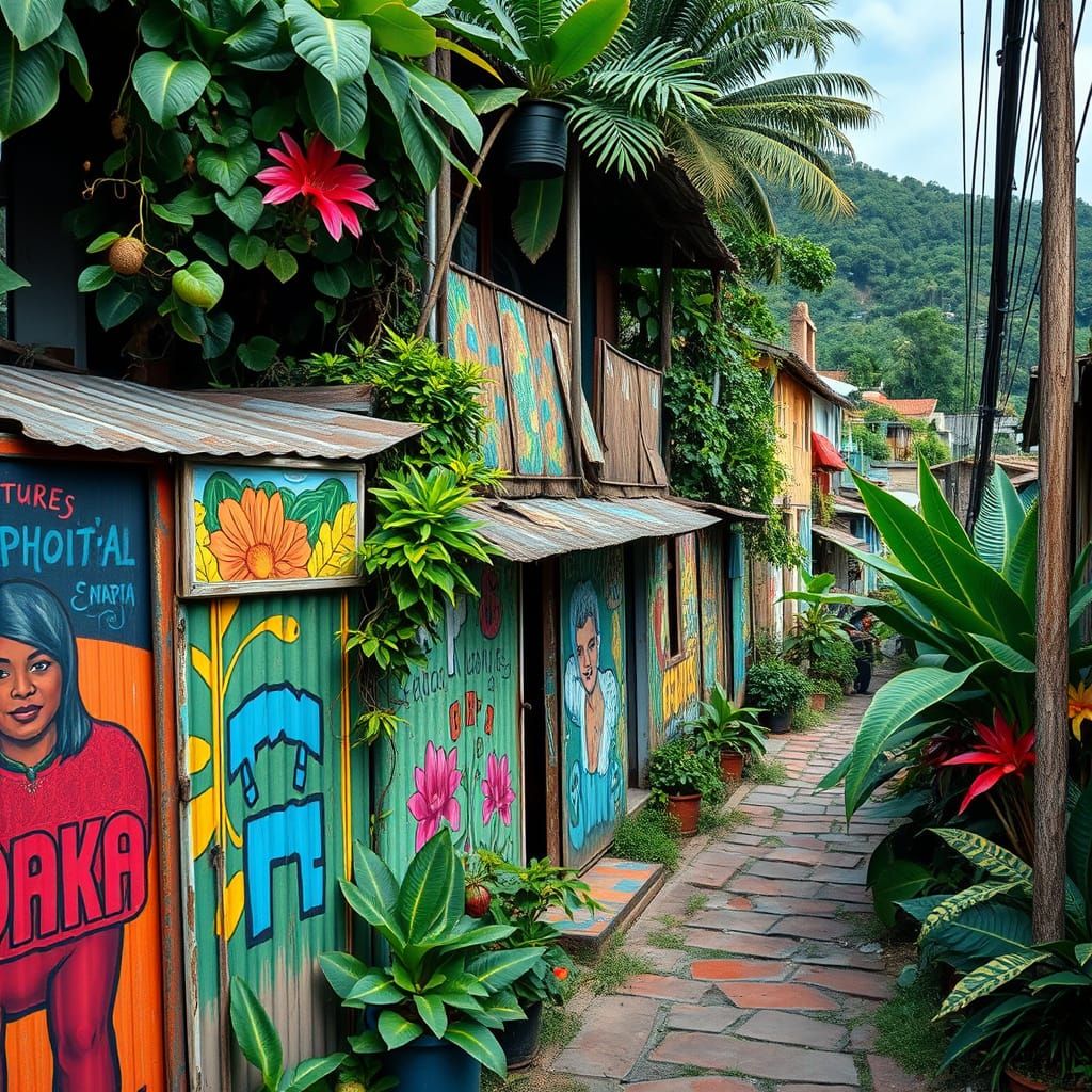 Brazilian Favela with Vibrant Street Art