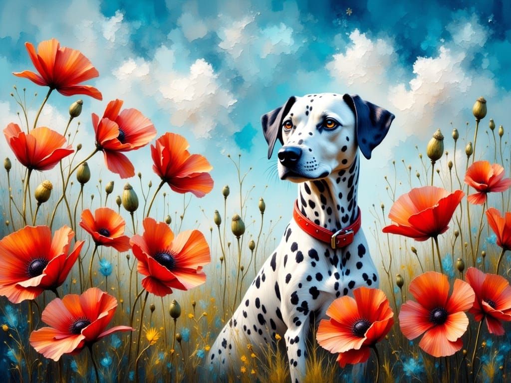 Dalmatian in Poppy Field, Impasto Oil Painting
