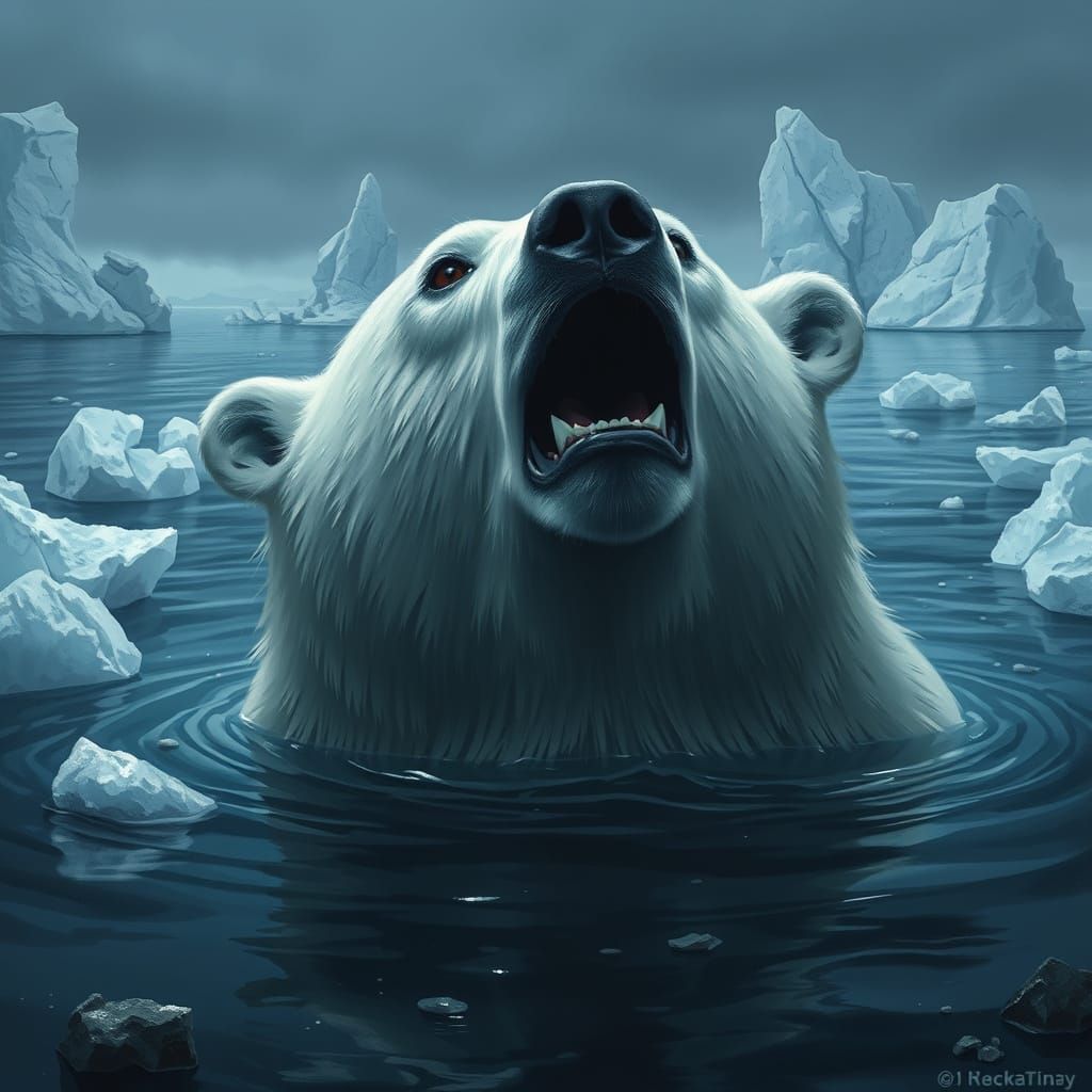 A polar bear drowning in the melting Arctic