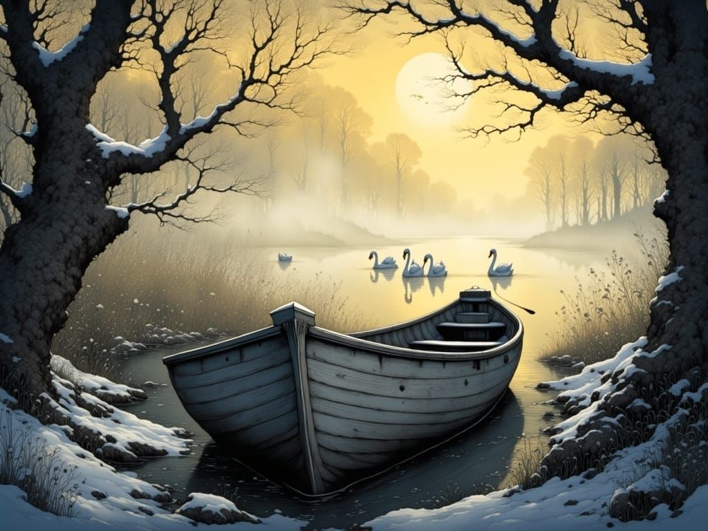 Ethereal Winter Landscape with Swans, Mystical Gothic Style