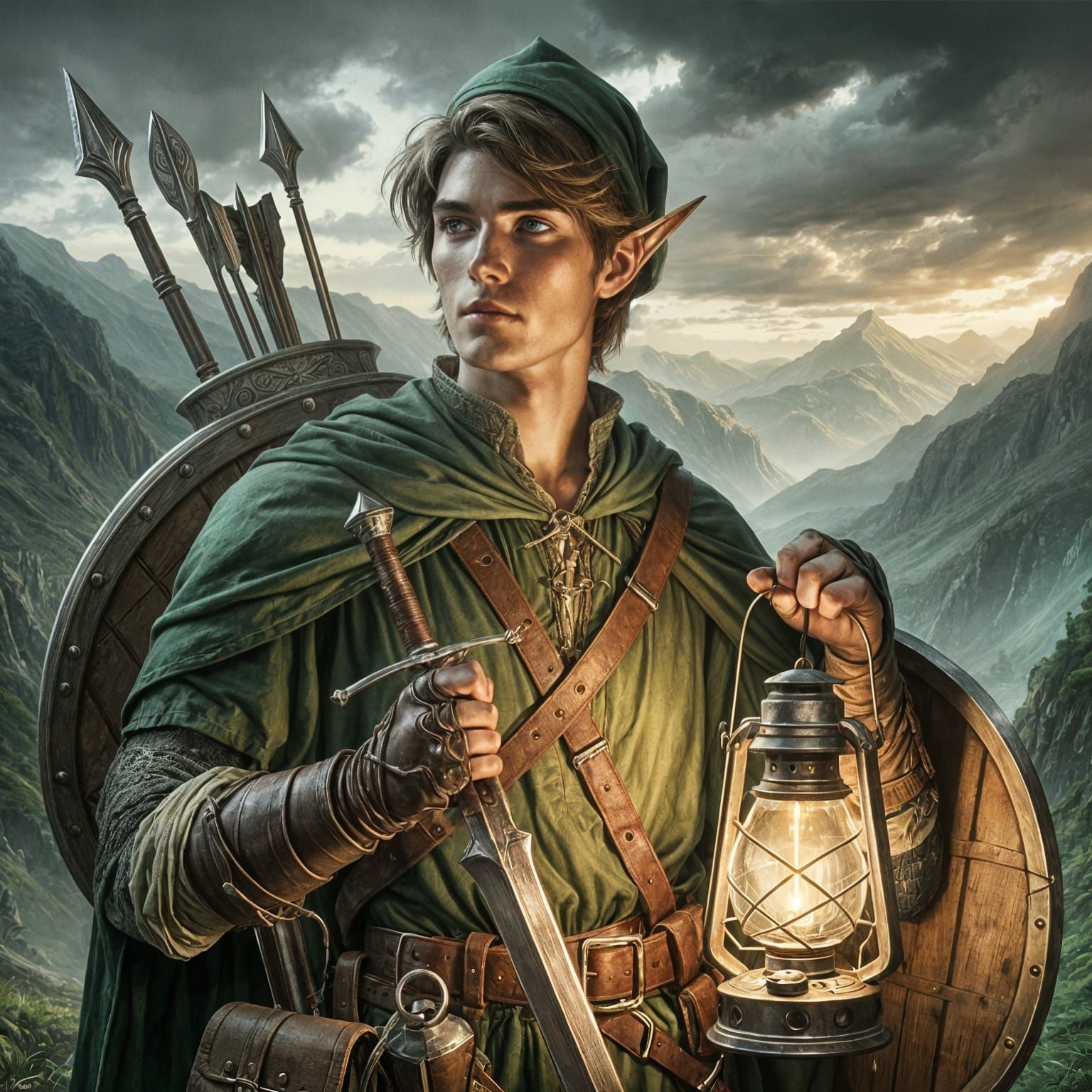 Young Hero's Dark Valley Journey with Sword and Lantern