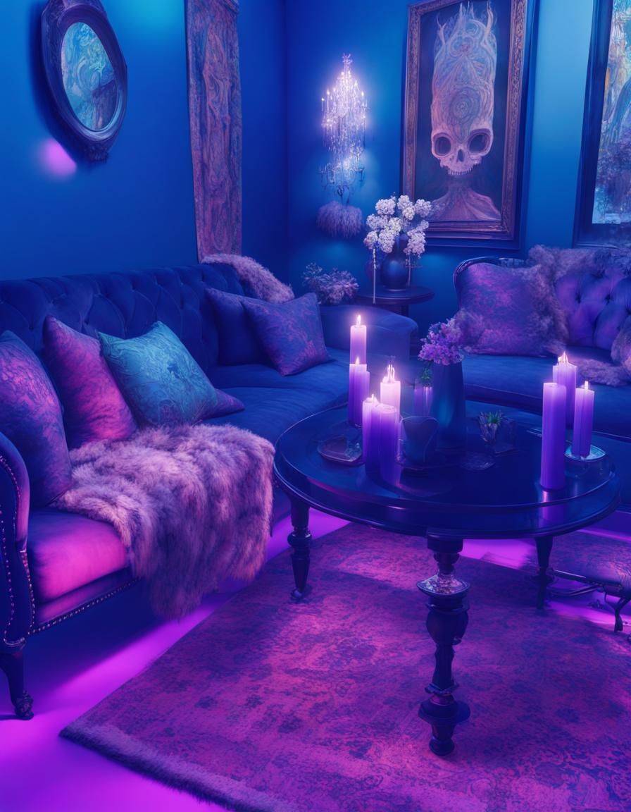 Cozy Gothic living room with a modern edge and purple walls Emerald green accents and cobalt blue accents and Beautiful ...