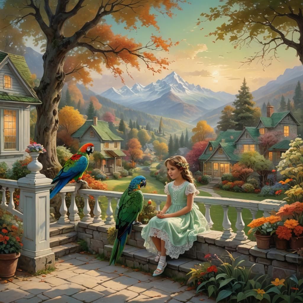 Girl with Parrot on Porch in Kinkade Style