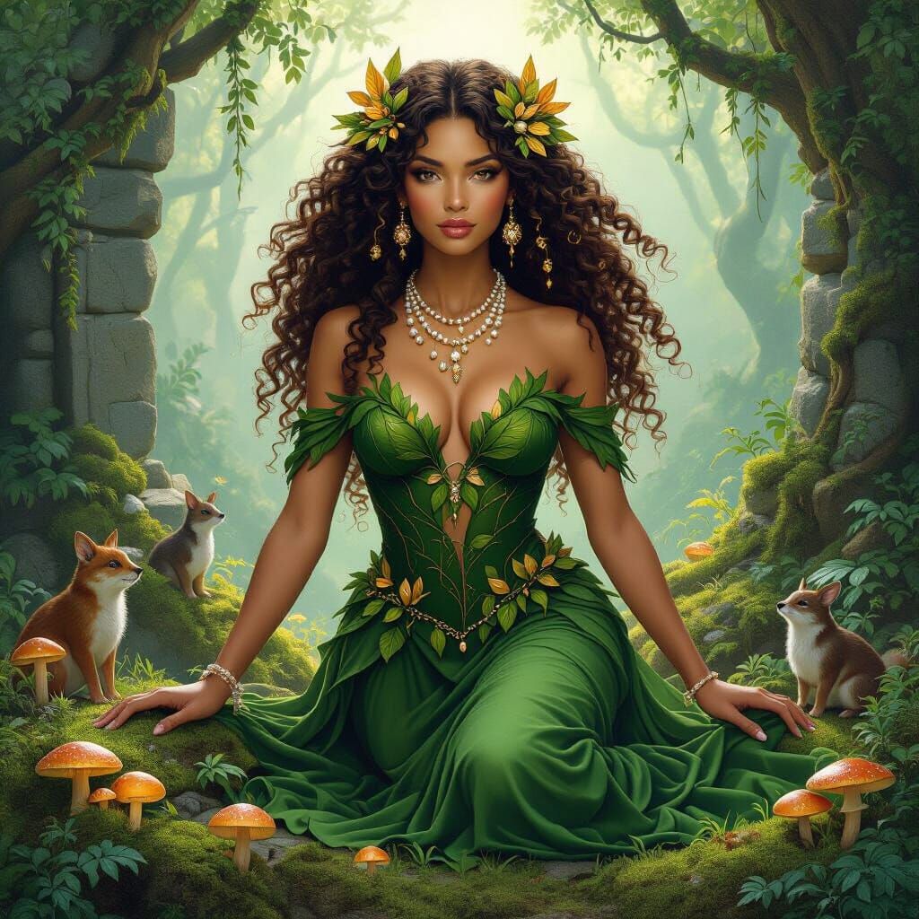 Enchanted Earth Goddess in Mystical Forest Landscape