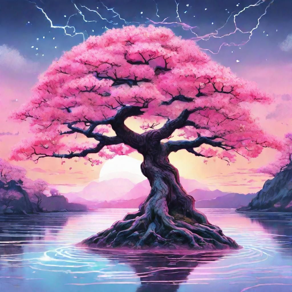 Whimsical Holographic Bonsai in Sakura Fantasy Land