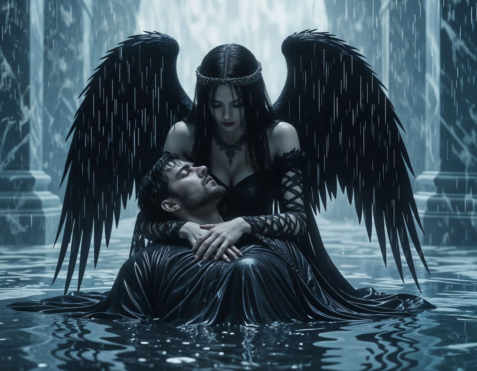 Gothic Angel Mourns a Dying Warrior in Rain