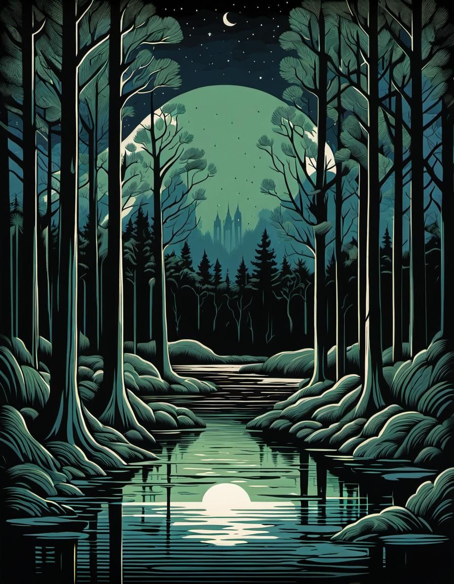 Flooded Woodland Night in Woodcut Art-Deco Style