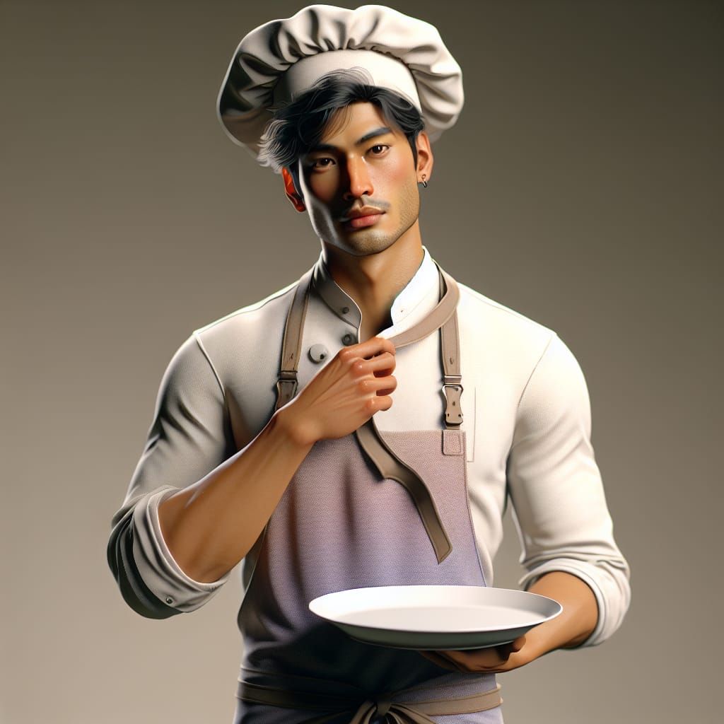 Chef Holds Empty Plate, Pulls Collar in Matte Painting Style