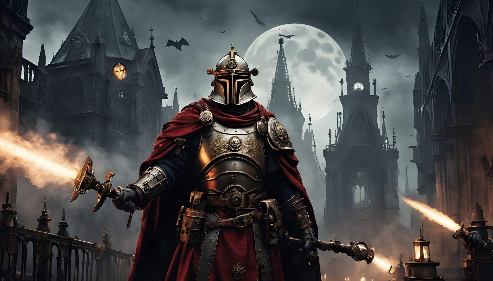 Dieselpunk Gothic Cityscape with Steampunk Gears and Crimson...