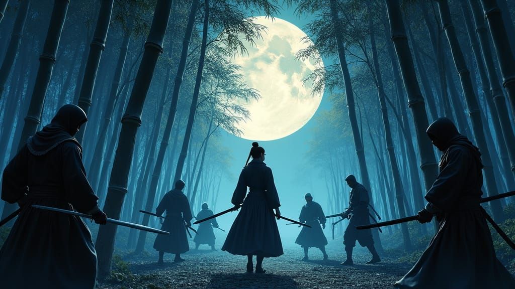 Samurai Surrounded by Ninja in Ukiyo-e Style