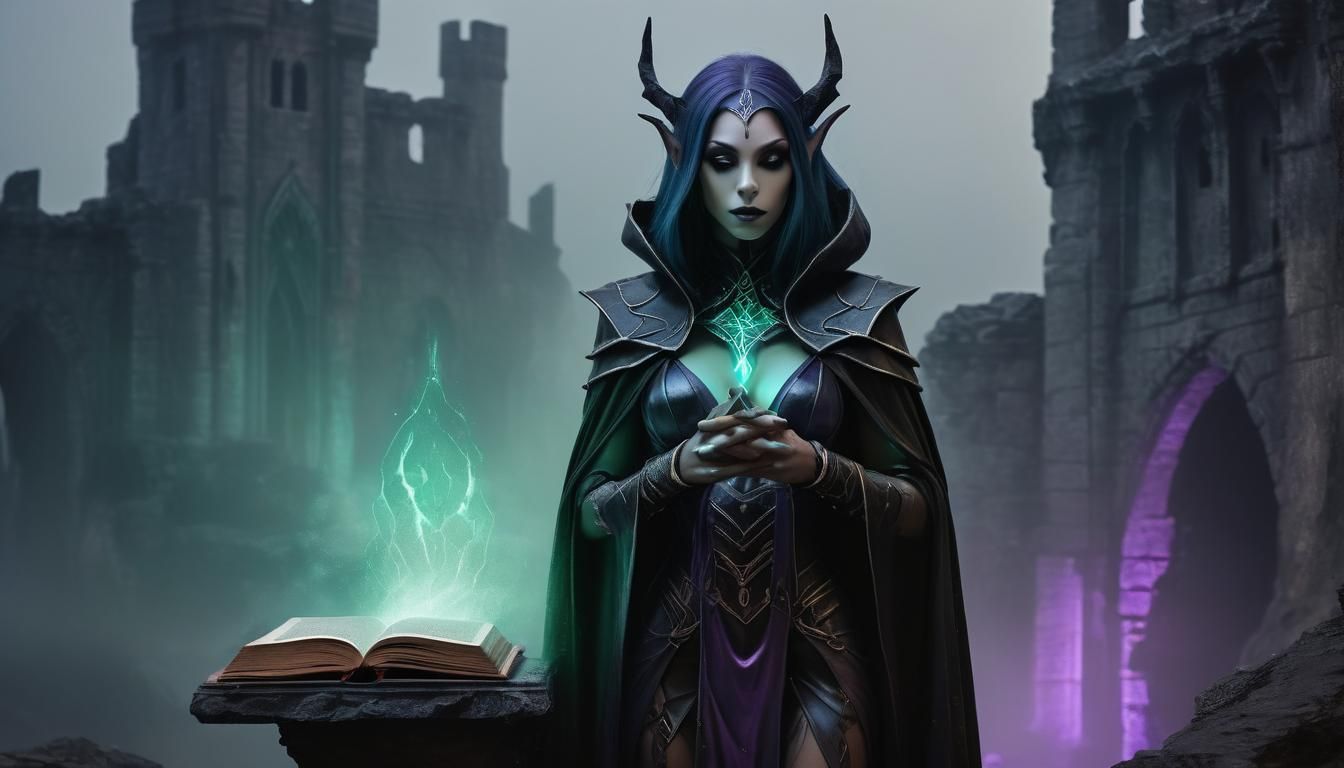 Dark Elf Priestess in Latex Cape Concept Art