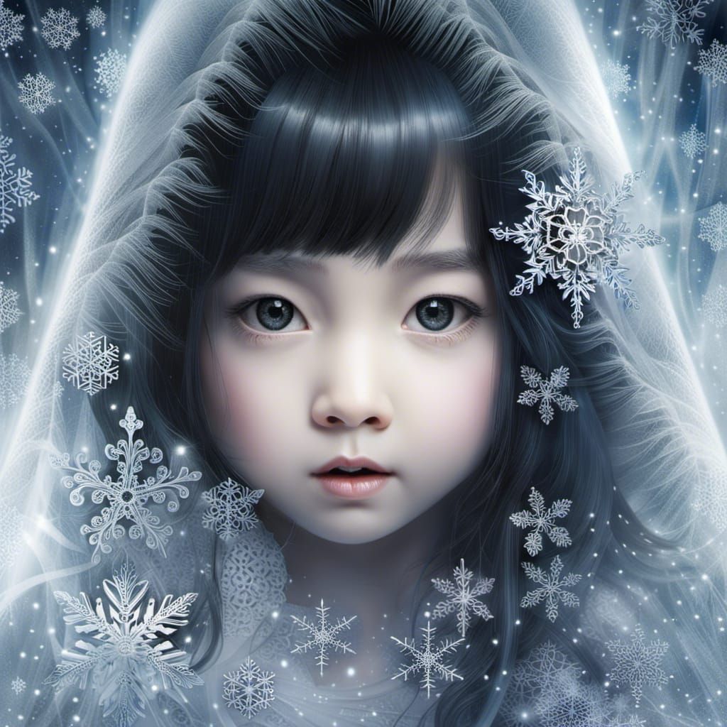 Ethereal Portrait of Playful Asian Girl in Snowy Forest