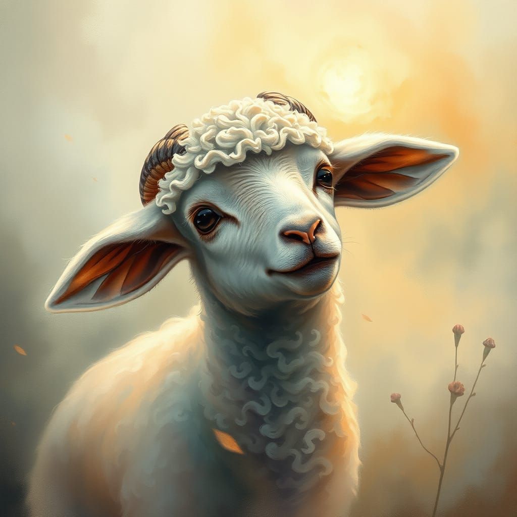 Ethereal Lamb in Gouache Style Fantasy Landscape