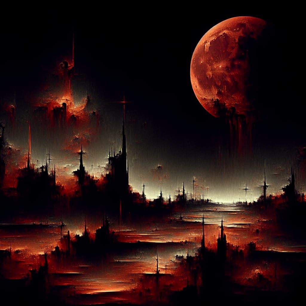 Gothic Blood Moon Night in Chiaroscuro Style
