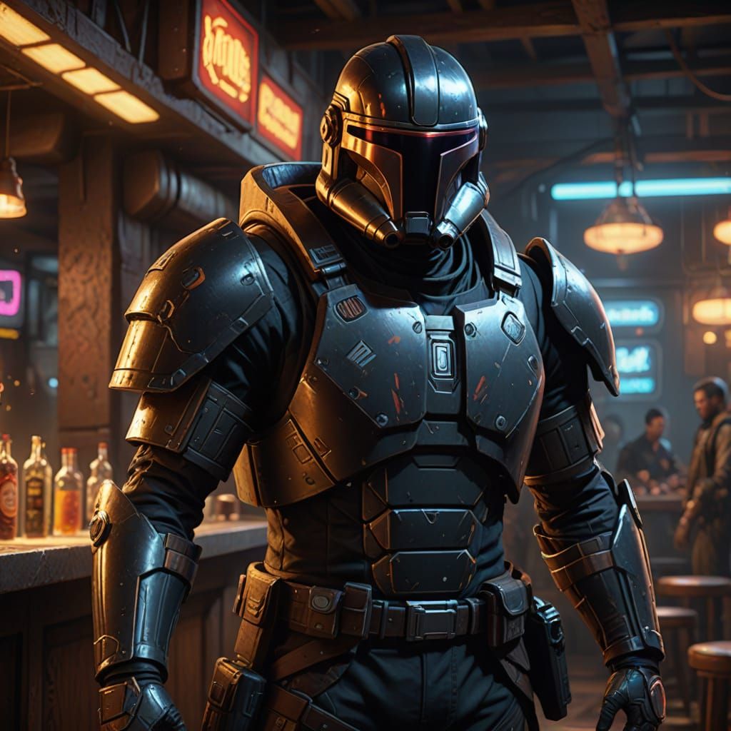 Bounty Hunter in Dim Cantina - Concept Art Masterpiece