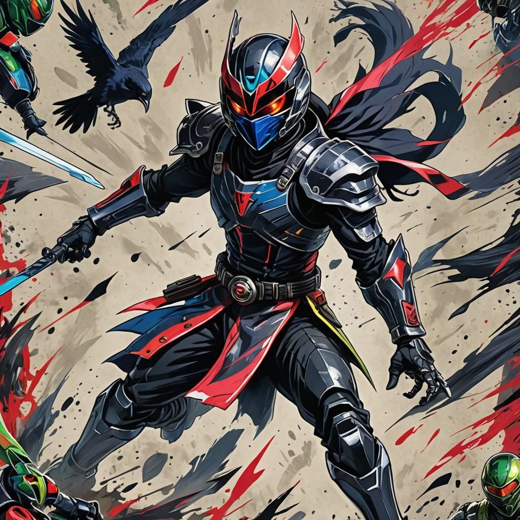 Ninja Kamen Rider Battles with Cards in Anime Style