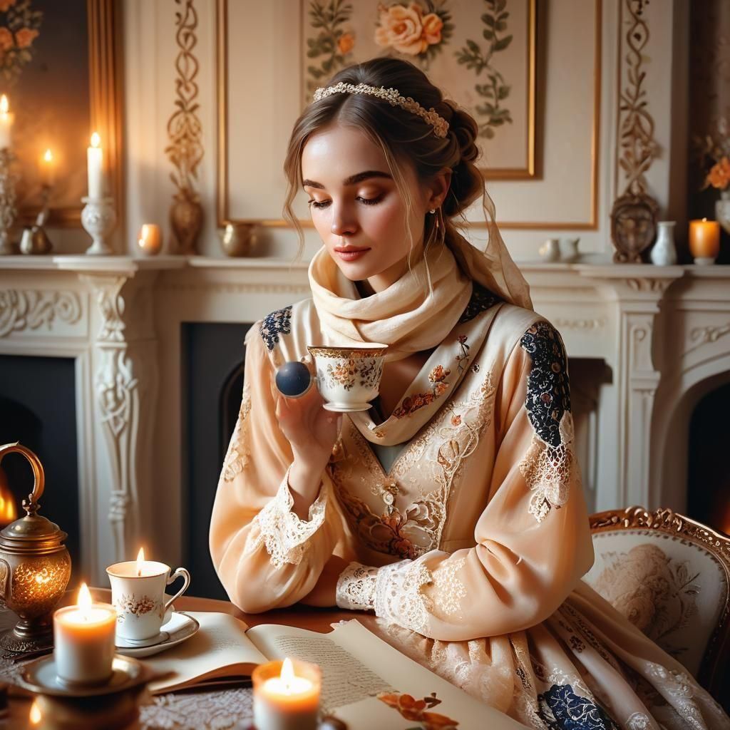 Romantic Portrait of Woman Drinking Tea by Candlelight