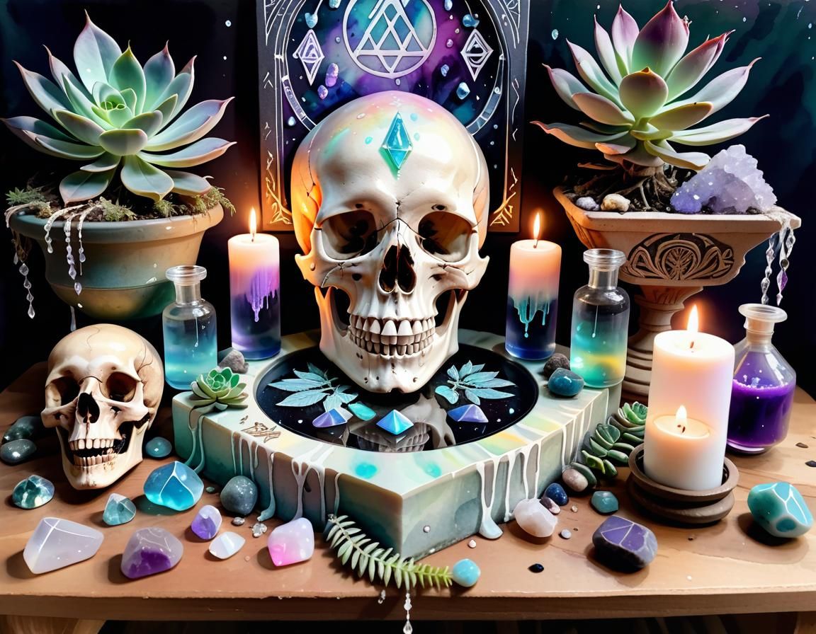 Goddess Altar with Skull and Succulents in Watercolour