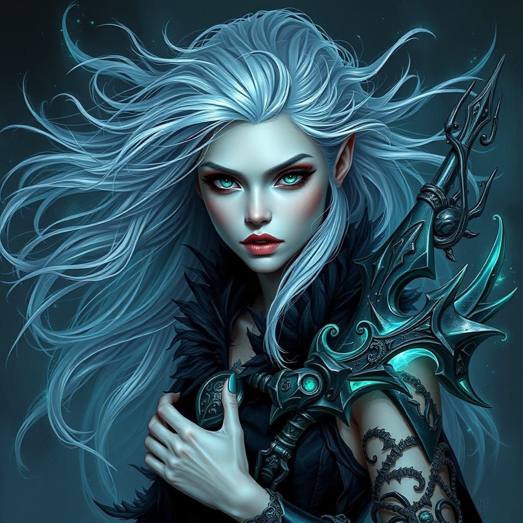 Ethereal Dark Goddess with Silver Hair and Emerald Eyes