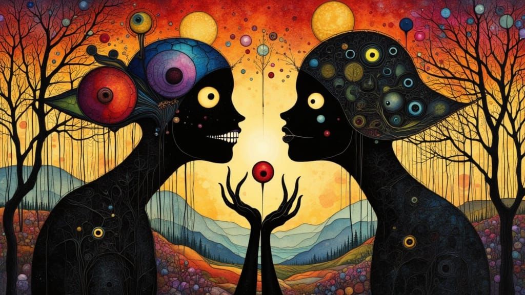 Surreal Kintsugi Painting of Witches and Data Streams