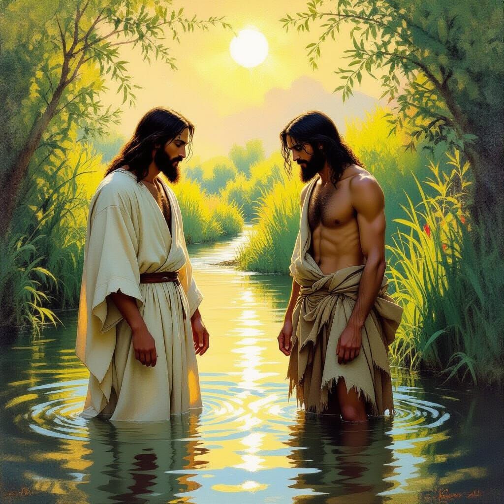 Baptism of Jesus in Jordan River, Dreamy Art Style