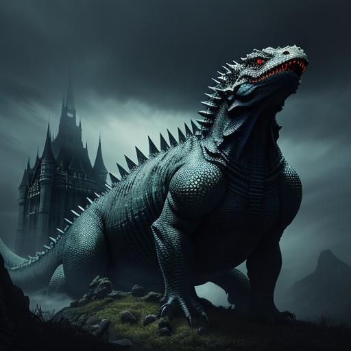 Majestic Lizard King Roars in Dark Fantasy Castle