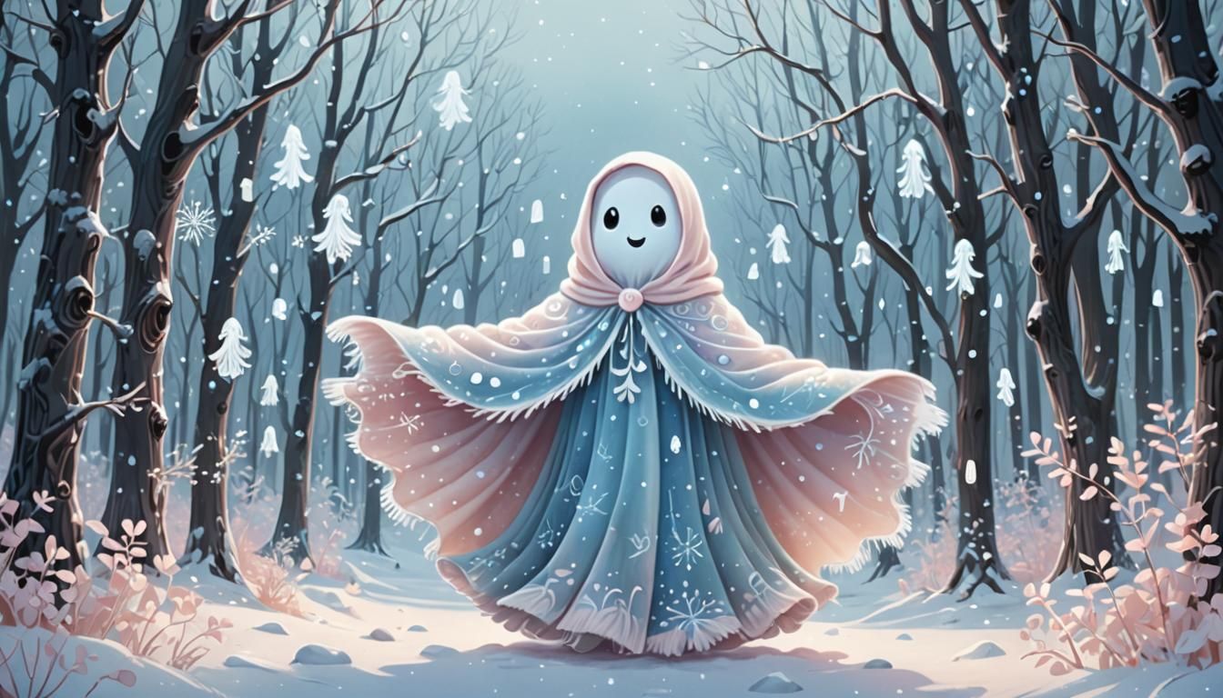Cute Ghost in Snowy Forest Illustration