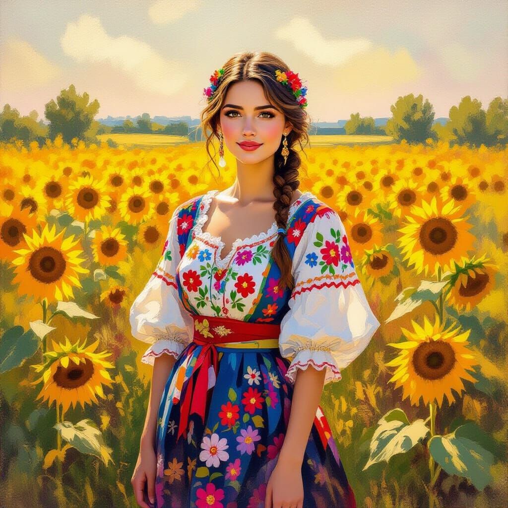 Ukrainian Woman in Sunflower Field: Impressionistic Style
