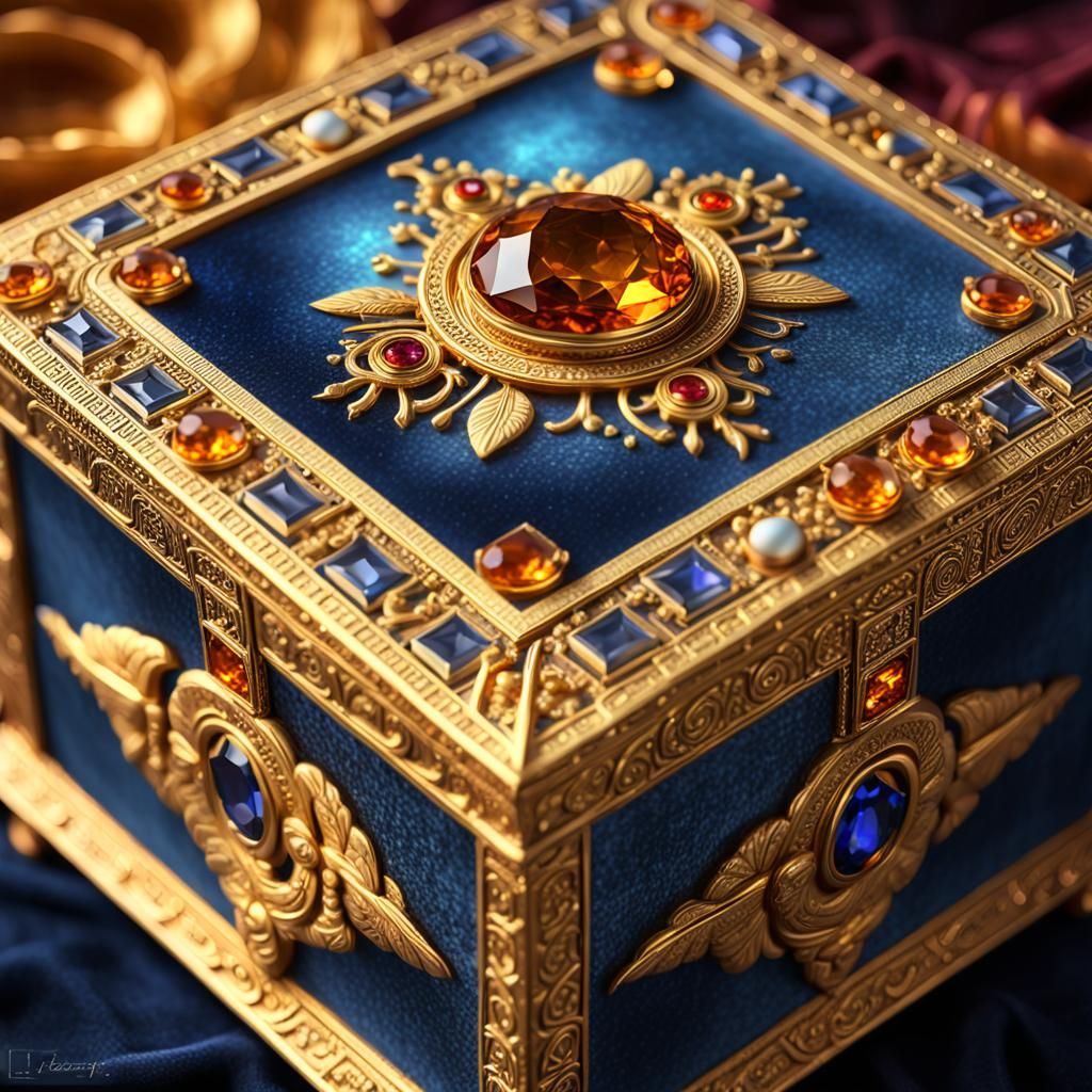 Ornate Golden Box with Jewels and Hieroglyphics