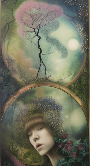 Cellist in Surreal Stargazing Scene with Rotating Sphere