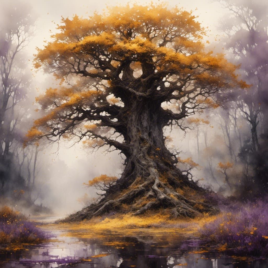 Fairyland Glimpse Through Ancient Oak: Antique Watercolor