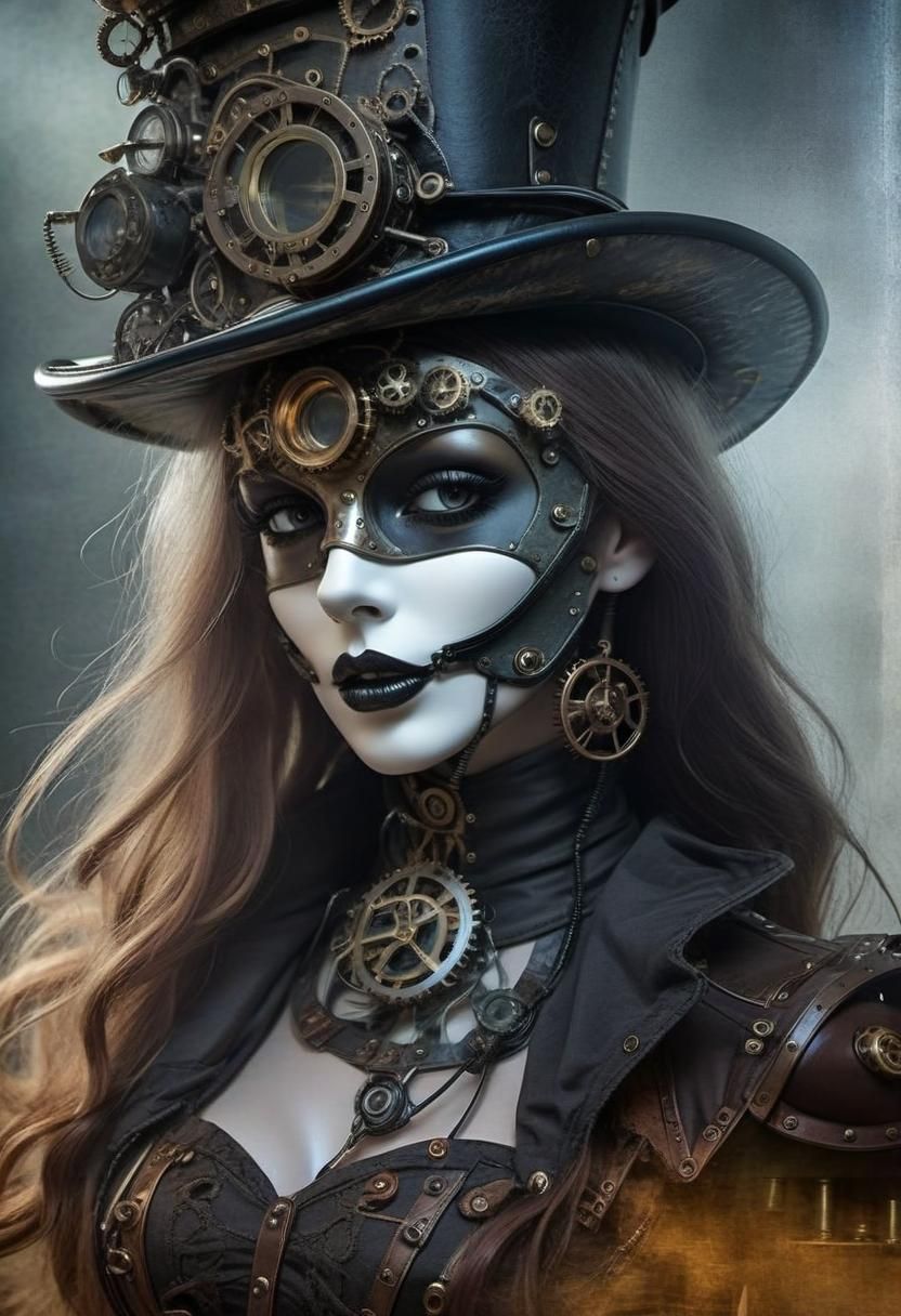 Femme steampunk élégante, coiffée d'un chapeau haut forme, arborant un masque de Venise mystérieux, évoquant un mélange ...