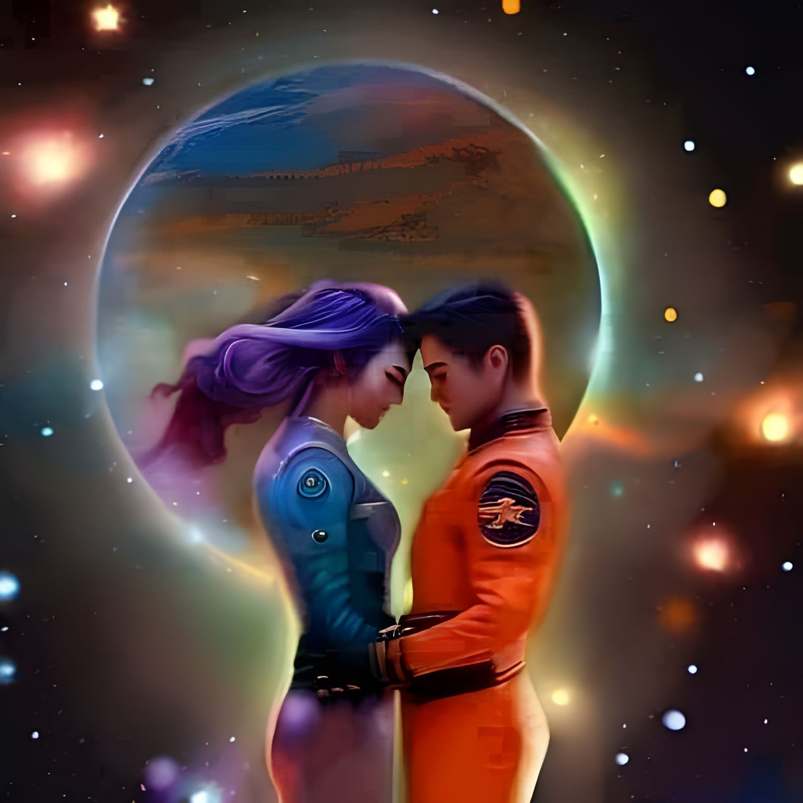 Passionate Embrace Under Starry Skies: A Sci-Fi Portrait