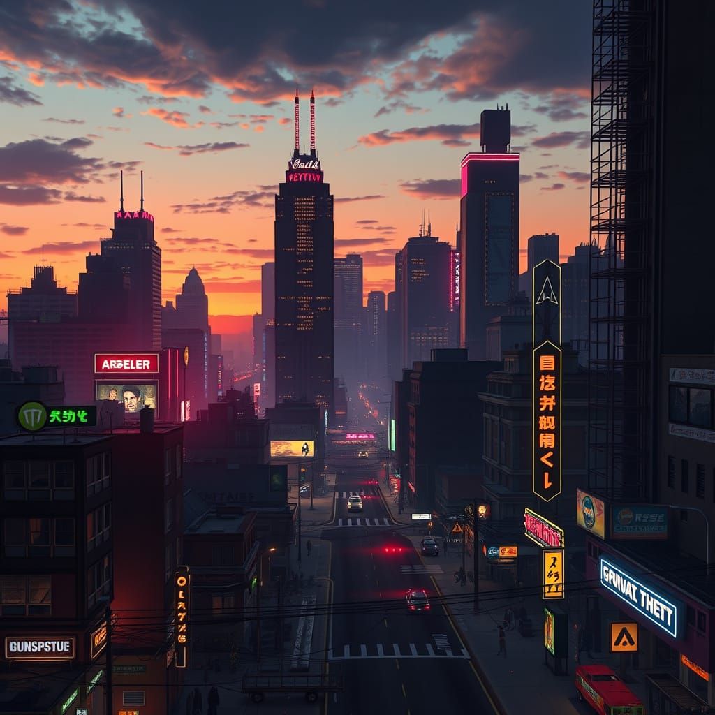 Futuristic Cityscape at Dusk in Cyberpunk Style