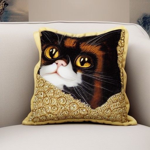 Jewel Encrusted Cat on Pillow, Matte Painting
