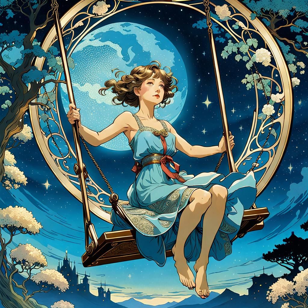 Woman on Swing in Art Nouveau Style