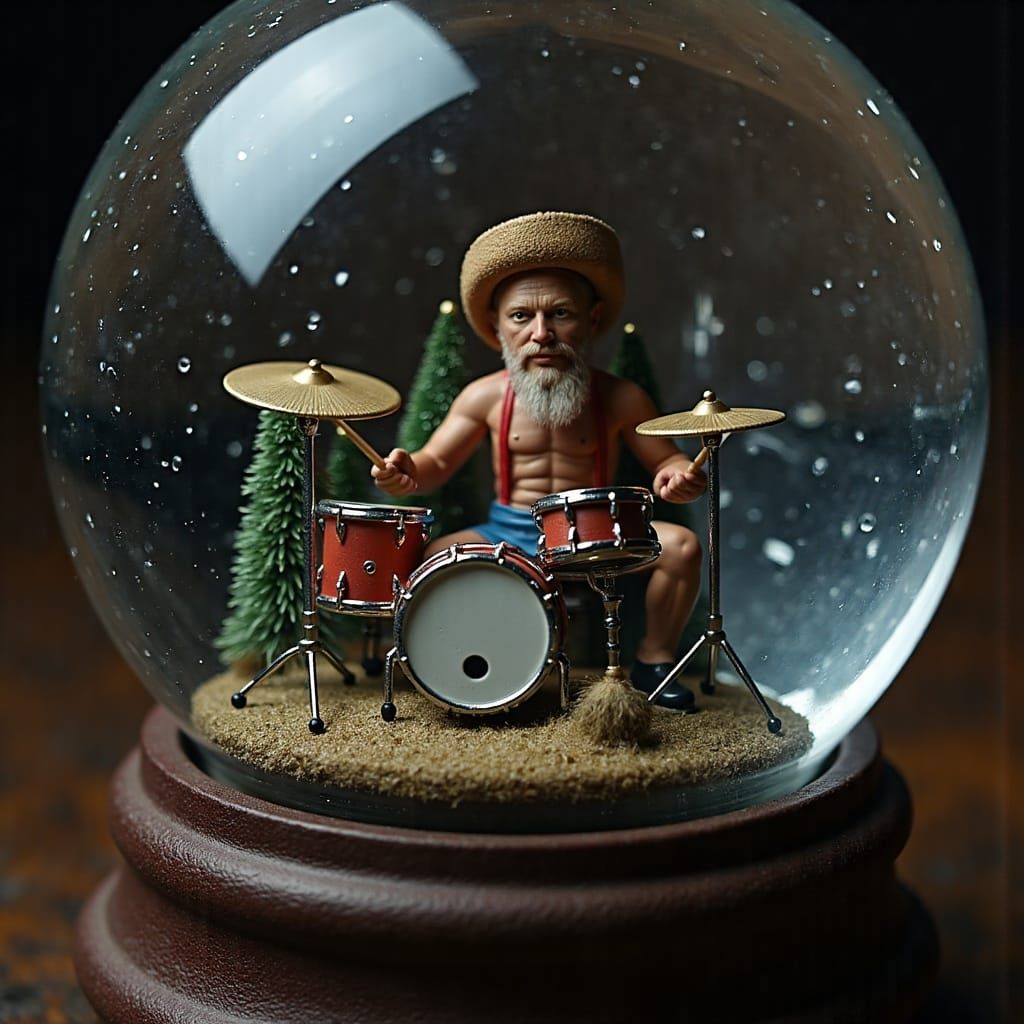 Snow Globe Drummer Figurine in Dimly Lit Setting