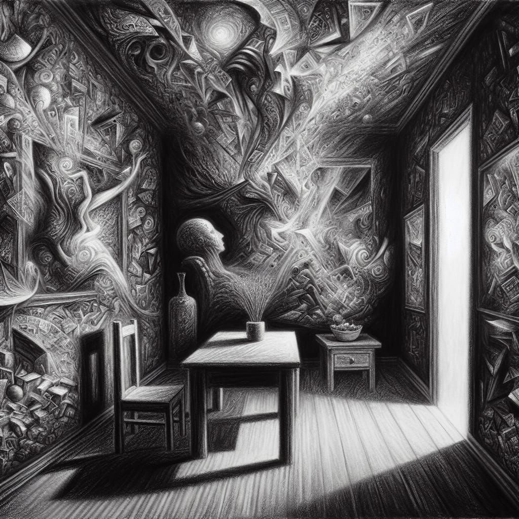 Detailed Charcoal Drawing of a Delusional Scene