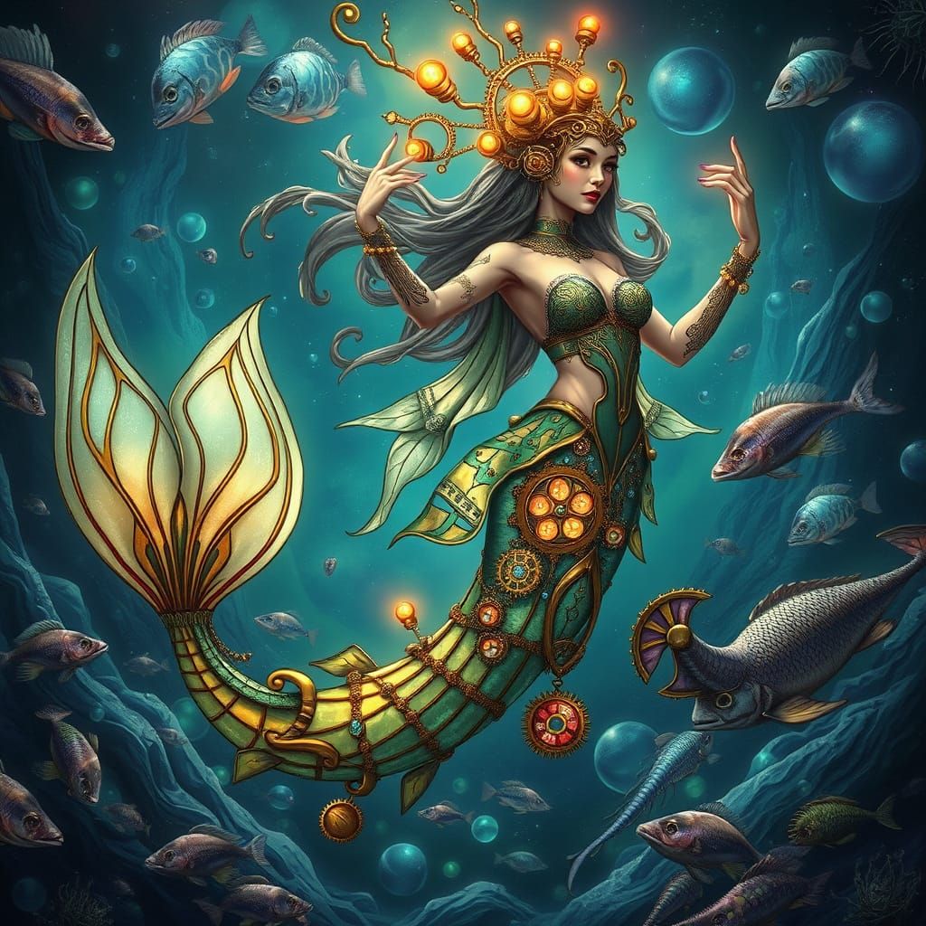 Steampunk Mermaid's Bioluminescent Dance, Art Nouveau Style
