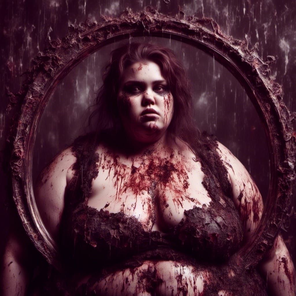 Obese Woman and Thin Reflection in Macabre Setting