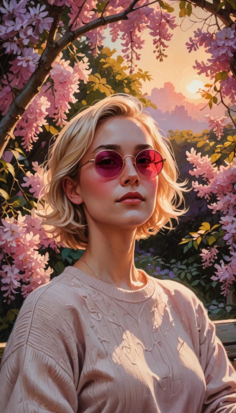 Woman in Sunglasses Under Wisteria Tree: Oil Painting