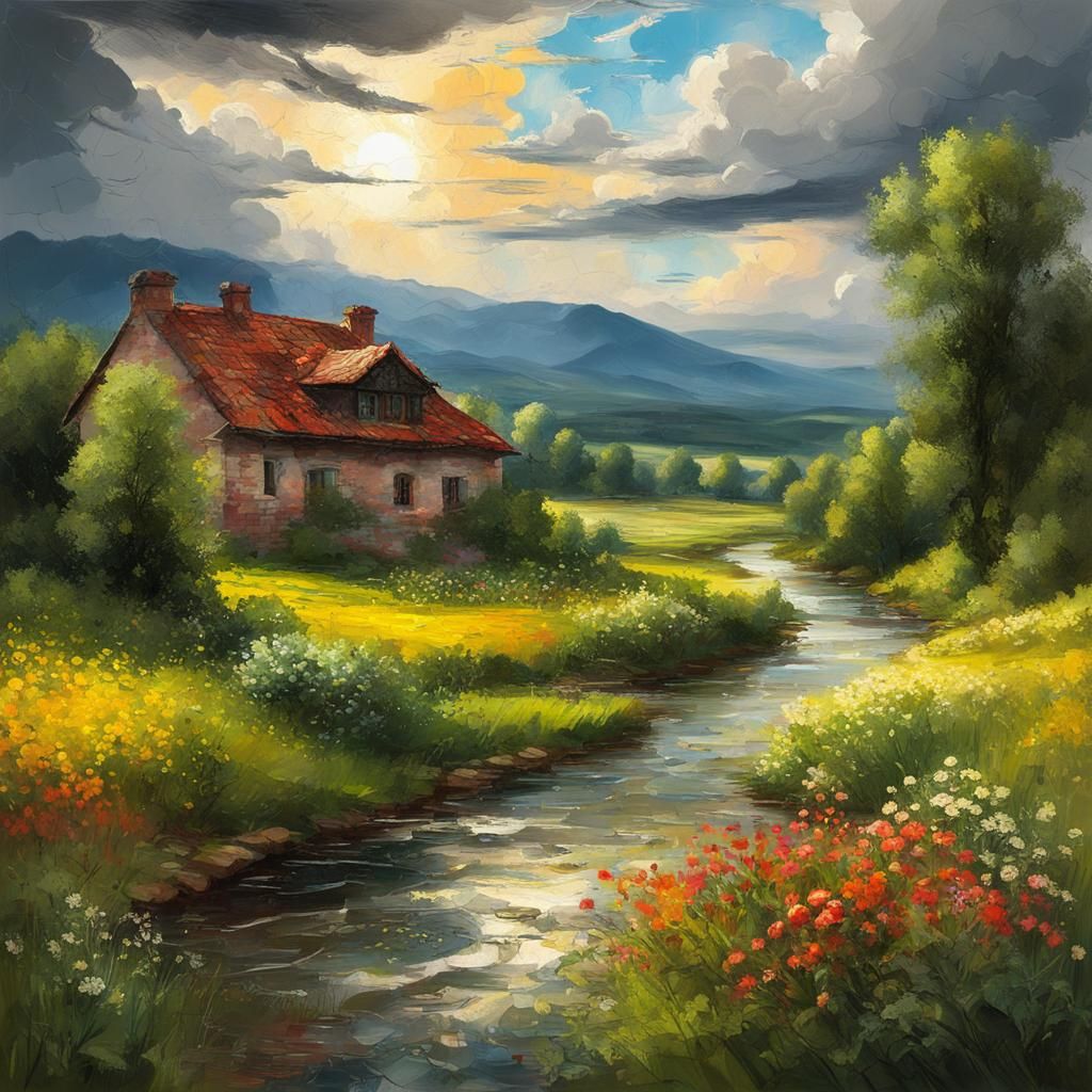 River Valley Villa Before Thunderstorm: Impasto Painting