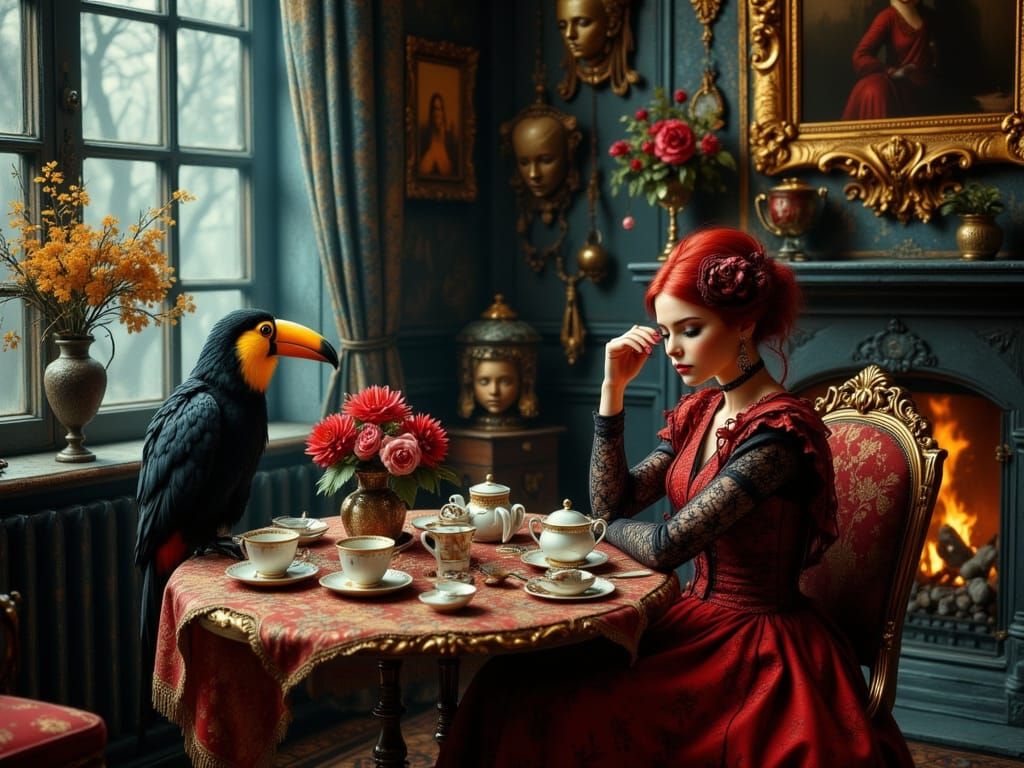 Red Baroness Tea-Time in Blue Salon, Art Nouveau Style